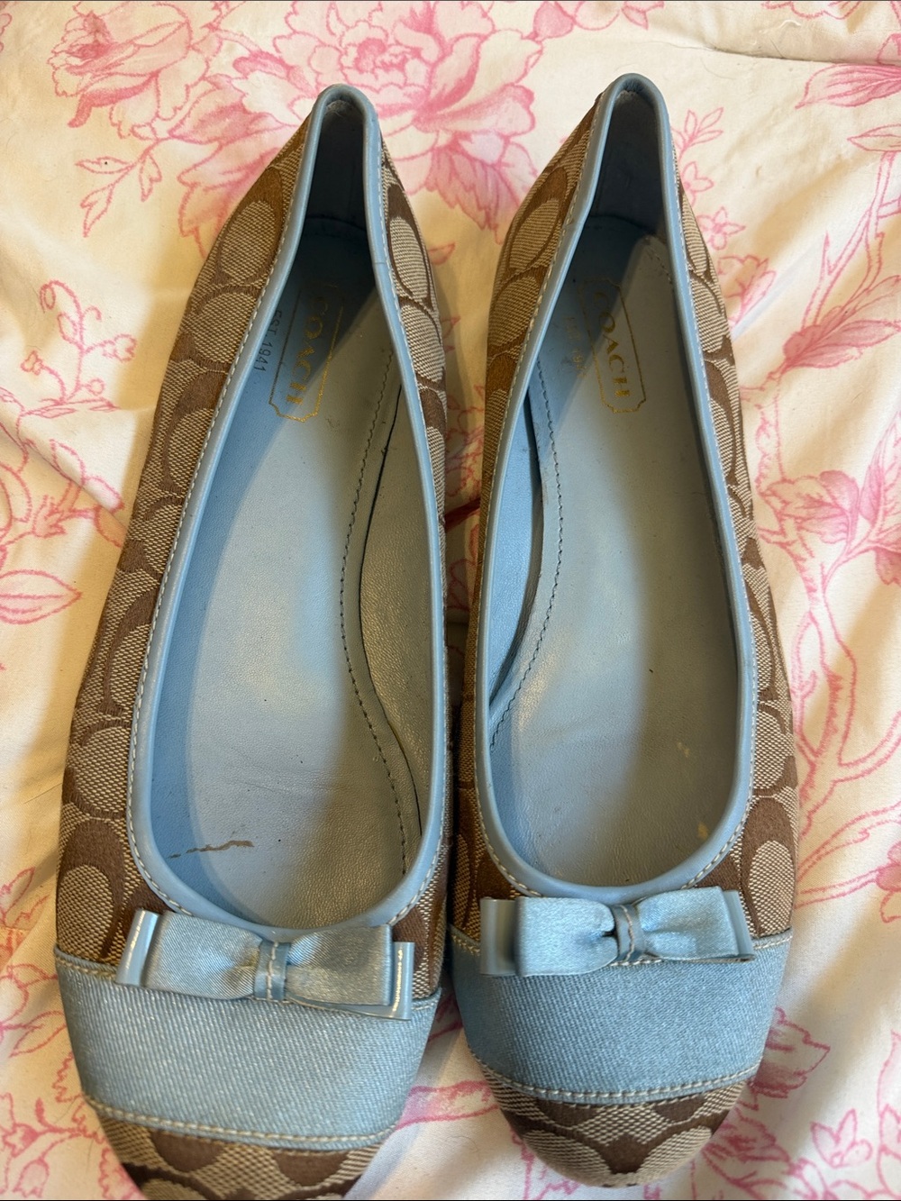 Coach Brown Signature Canvas Ballet Flats with Light Blue Trim